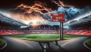 Manchester Unitedin logo taustalla, kun joukkue kamppailee vaikeassa tilanteessa Valioliigassa.