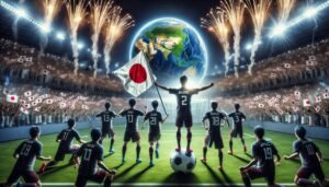 Japanin jalkapallomaajoukkue juhlii MM-kisapaikan varmistamista vuoden 2026 turnaukseen voitettuaan Bahrainin 2-0.