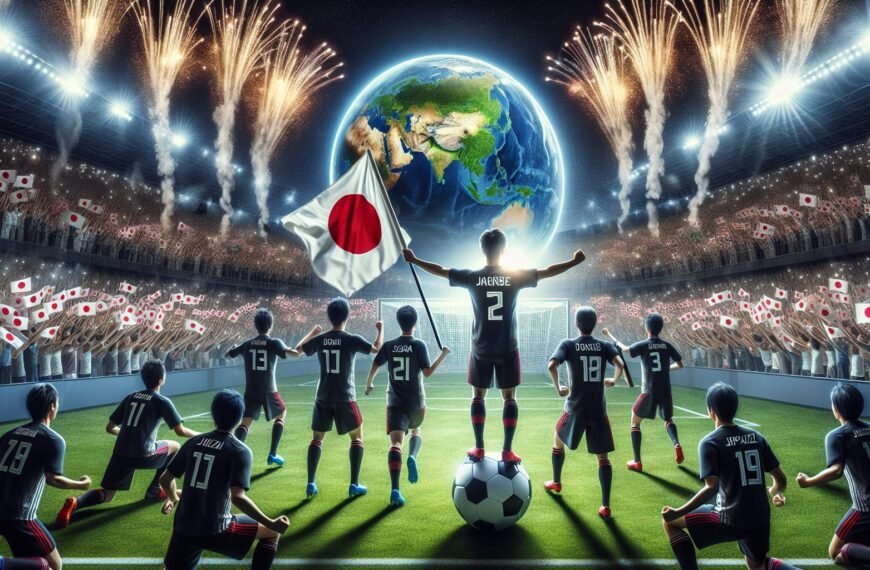 Japanin jalkapallomaajoukkue juhlii MM-kisapaikan varmistamista vuoden 2026 turnaukseen voitettuaan Bahrainin 2-0.