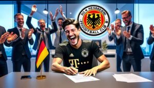 Joshua Kimmich allekirjoittamassa uutta jatkosopimusta Bayern Münchenin kanssa