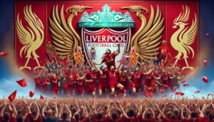 Liverpoolin pelaajat juhlivat Valioliigan mestaruutta Anfieldilla Tottenham-voittonsa jälkeen, nousten tasoihin Manchester Unitedin mestaruustilastoissa kaudella 2023–2024.