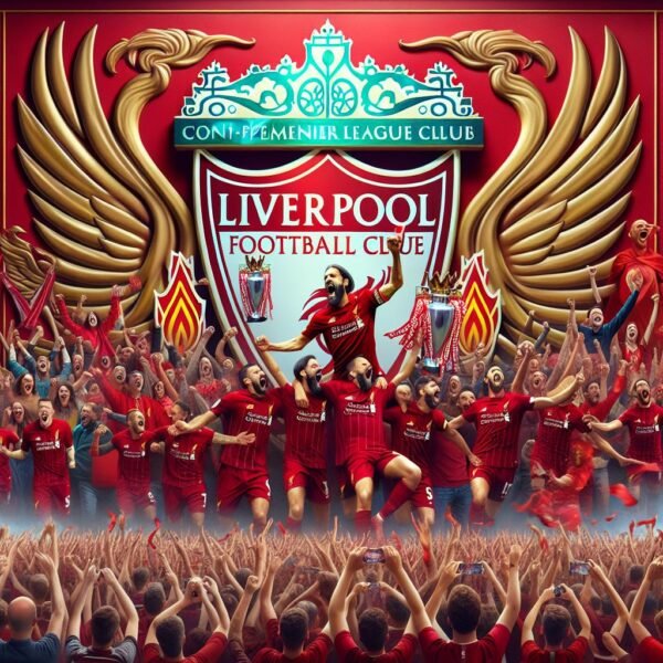 Liverpoolin pelaajat juhlivat Valioliigan mestaruutta Anfieldilla Tottenham-voittonsa jälkeen, nousten tasoihin Manchester Unitedin mestaruustilastoissa kaudella 2023–2024.