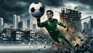 Maksym Zhuk seisoo maalillaan KTP:n peliasussa, taustalla Kotkan stadion ja aurinkoinen taivas – symboli uusista mahdollisuuksista ja päättäväisyydestä jalkapallouralla