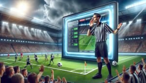 VAR-tuomari tarkastelee videokuvaa Bulgarian liigapelissä, taustalla käynnissä jalkapallo-ottelu