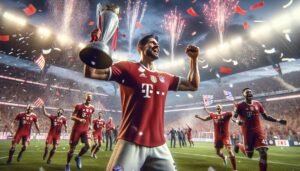 Harry Kane juhlii ensimmäistä Bundesliiga-mestaruuttaan Bayern Münchenin paidassa nostamalla mestaruuspokaalia kentällä