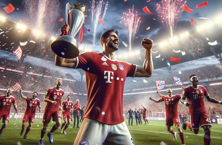 Harry Kane juhlii ensimmäistä Bundesliiga-mestaruuttaan Bayern Münchenin paidassa nostamalla mestaruuspokaalia kentällä