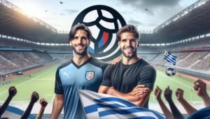 Lionel Messi ja Luis Suárez hymyilevät Deportivo LSM -seuran logon edessä, symboloiden uuden jalkapalloseuransa perustamista ja yhteistä visiota nuorten lahjakkuuksien tukemiseksi Uruguayssa.