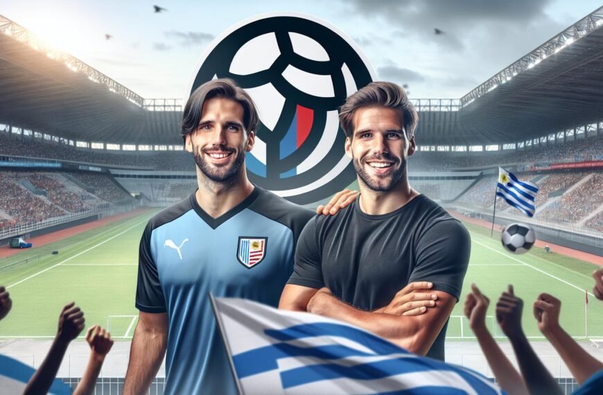 Lionel Messi ja Luis Suárez hymyilevät Deportivo LSM -seuran logon edessä, symboloiden uuden jalkapalloseuransa perustamista ja yhteistä visiota nuorten lahjakkuuksien tukemiseksi Uruguayssa.