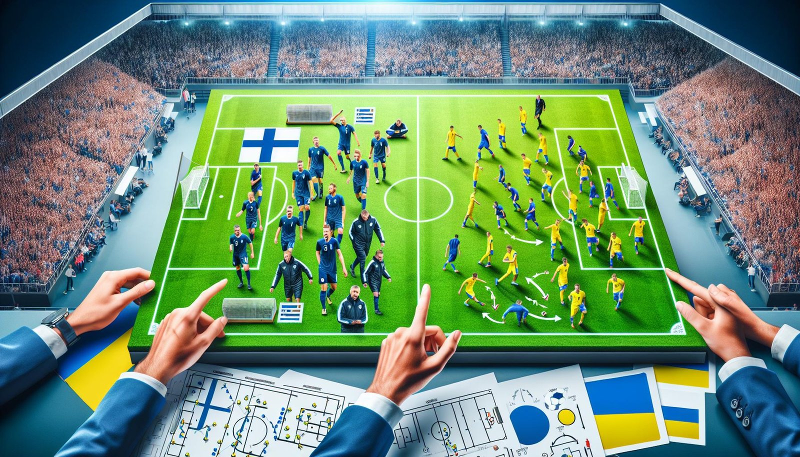 Suomen U21-jalkapallomaajoukkue pelaamassa EM-ottelua Ukrainaa vastaan tiukan kansainvälisen tunnelman alla