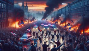 PSG:n voitonjuhlat Pariisin Champs-Élysées -kadulla, jossa kannattajat juhlivat Mestarien liigan finaalin voittoa poliisin läsnäolon keskellä