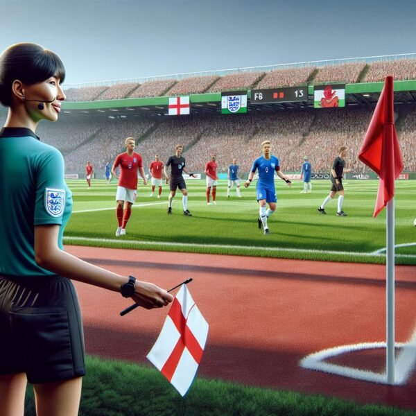 Avustava erotuomari Heini Hyvönen valmistautumassa Naisten EM-otteluun Englannin ja Walesin välillä Sankt Gallenissa.