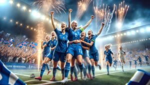 Suomen naisten jalkapallomaajoukkue Helmarit juhlivat historiallista voittoa Islannista EM-kisojen avausottelussa Sveitsissä 2024