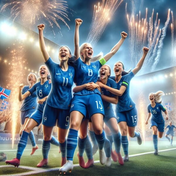 Suomen naisten jalkapallomaajoukkue Helmarit juhlivat historiallista voittoa Islannista EM-kisojen avausottelussa Sveitsissä 2024