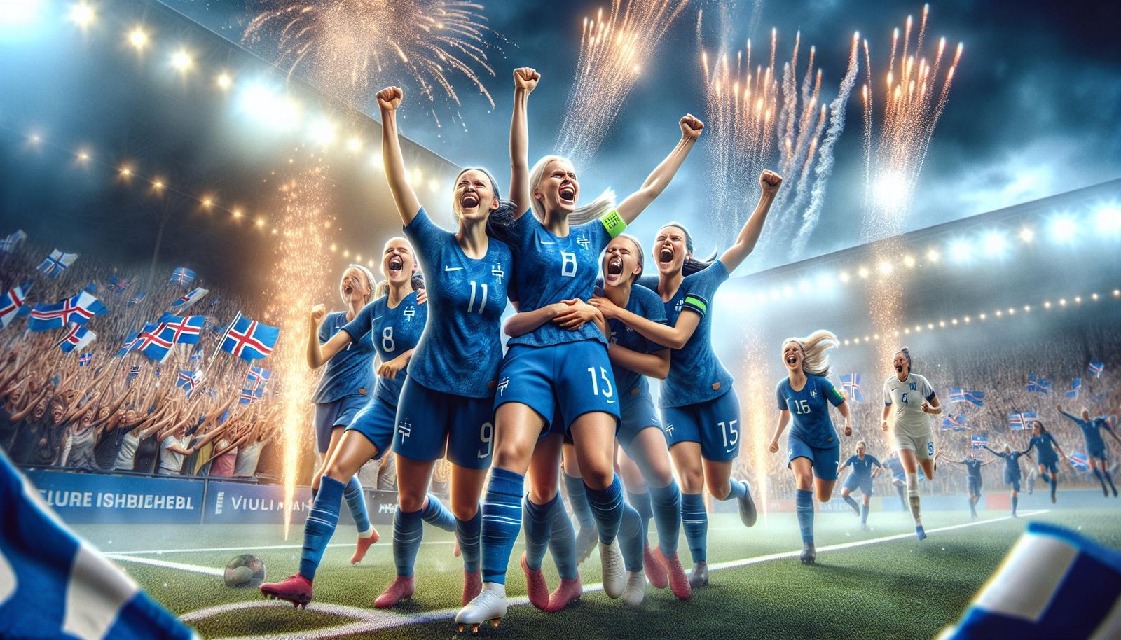 Suomen naisten jalkapallomaajoukkue Helmarit juhlivat historiallista voittoa Islannista EM-kisojen avausottelussa Sveitsissä 2024