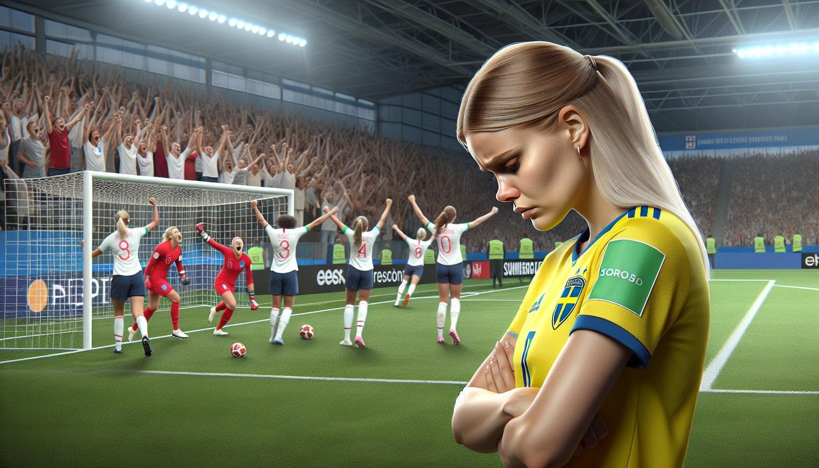 Englannin naisten jalkapallomaajoukkue juhlii voittoa Ruotsista EM 2024 -turnauksen puolivälierissä rankkarikisan jälkeen