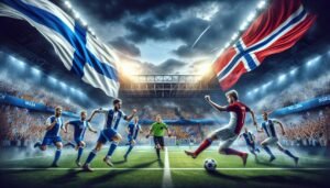 Helmarit kohtaavat Norjan tiukassa ottelussa EM-kisojen lohkovaiheessa 2024 – kuva kuvastaa Suomen taistelutahtoa ja yhtenäisyyttä kentällä.