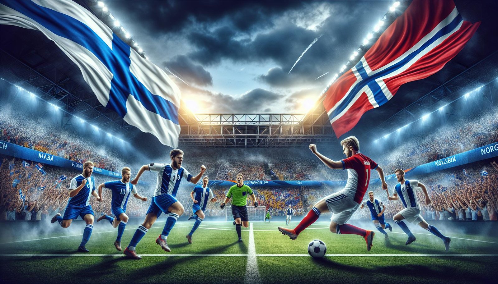 Helmarit kohtaavat Norjan tiukassa ottelussa EM-kisojen lohkovaiheessa 2024 – kuva kuvastaa Suomen taistelutahtoa ja yhtenäisyyttä kentällä.