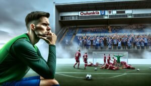 AC Oulun pelaajat murtuneina Oulunkylän kentällä 3–2-tappion jälkeen IF Gnistania vastaan Veikkausliiga-ottelussa.