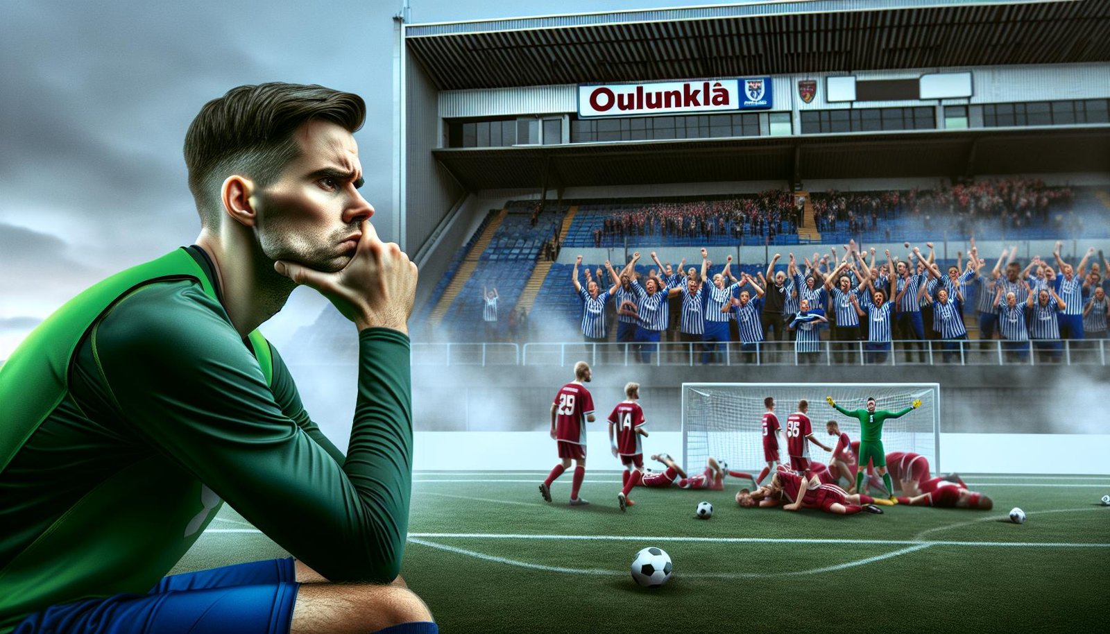 AC Oulun pelaajat murtuneina Oulunkylän kentällä 3–2-tappion jälkeen IF Gnistania vastaan Veikkausliiga-ottelussa.