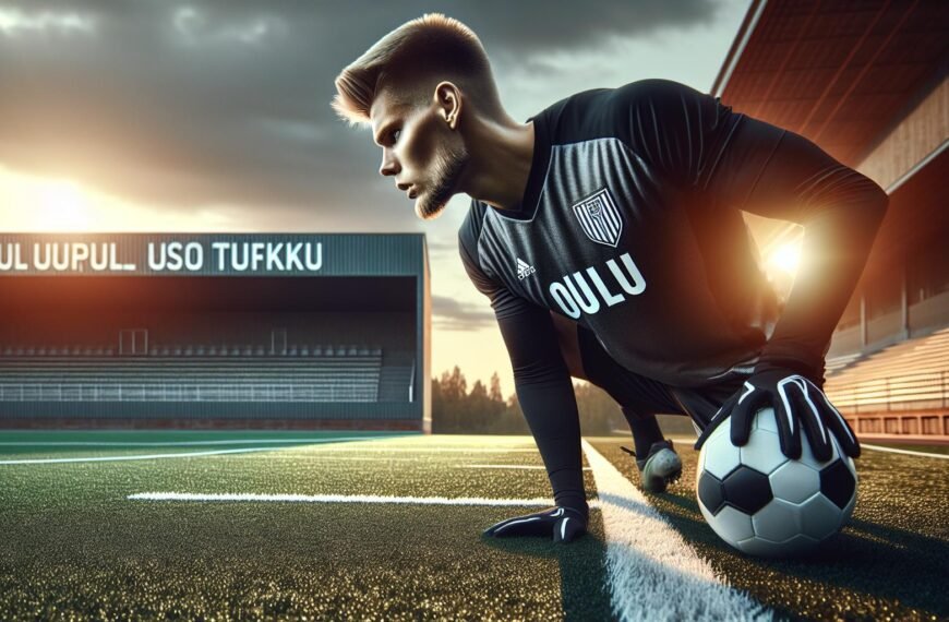 Julius Körkkö valmistautumassa Veikkausliiga-otteluun AC Oulun väreissä osoittaen fyysistä ja henkistä kehittymistään