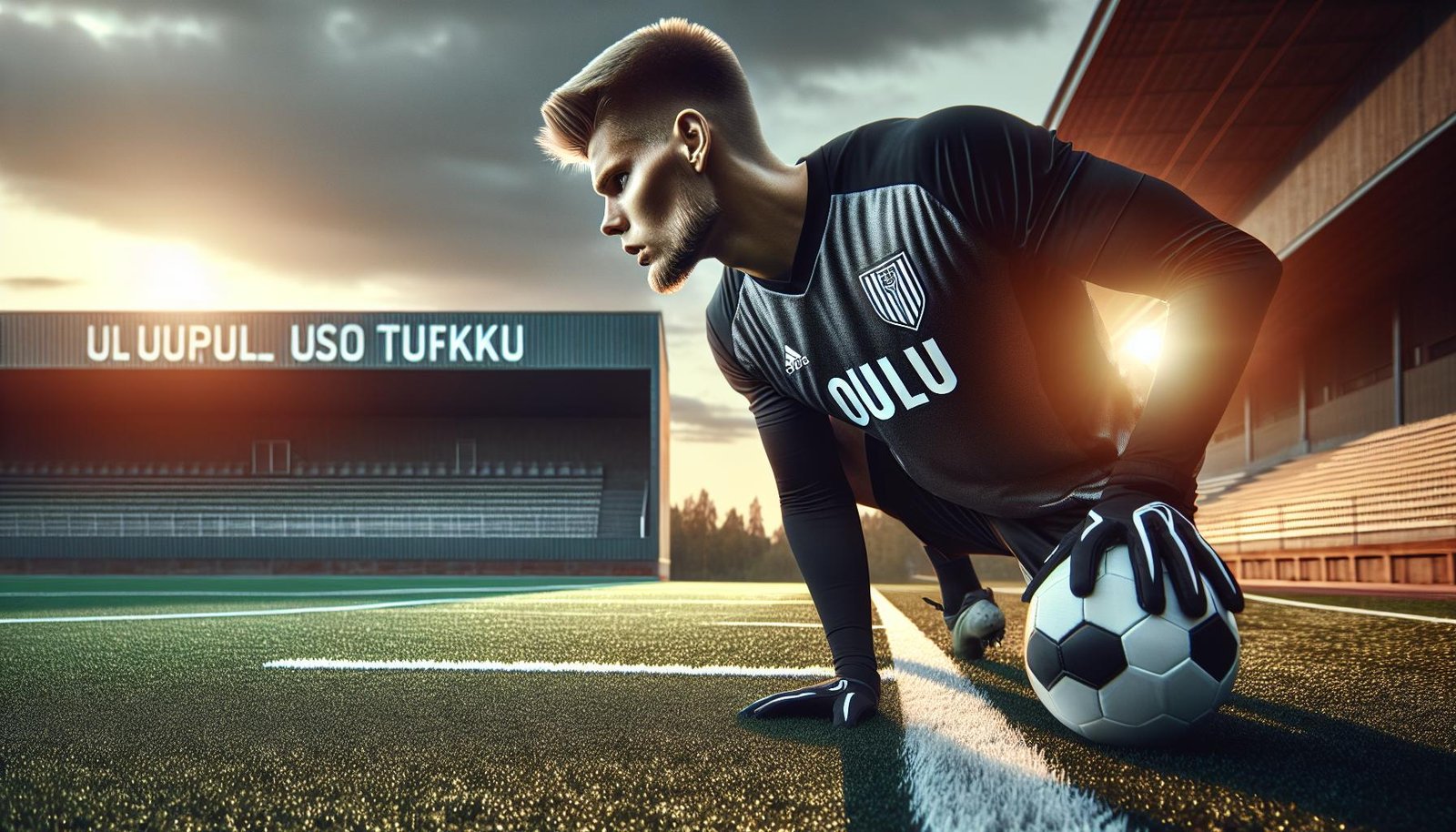 Julius Körkkö valmistautumassa Veikkausliiga-otteluun AC Oulun väreissä osoittaen fyysistä ja henkistä kehittymistään