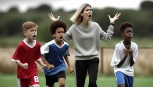 Ilveksen juniorivalmentaja huutaa kentän laidalla jalkapallo-ottelun aikana, tuomarin yrittäessä rauhoittaa tilannetta – taustalla näkyy nuoria pelaajia hämmentyneinä.