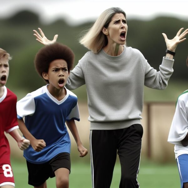 Ilveksen juniorivalmentaja huutaa kentän laidalla jalkapallo-ottelun aikana, tuomarin yrittäessä rauhoittaa tilannetta – taustalla näkyy nuoria pelaajia hämmentyneinä.