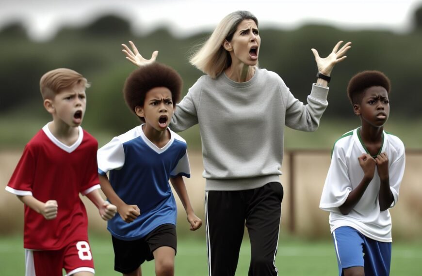 Ilveksen juniorivalmentaja huutaa kentän laidalla jalkapallo-ottelun aikana, tuomarin yrittäessä rauhoittaa tilannetta – taustalla näkyy nuoria pelaajia hämmentyneinä.