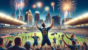 Onni Valakari juhlimassa maalia San Diego FC:n paidassa MLS-ottelussa, taustalla juhlivat joukkuekaverit ja innostunut kotiyleisö.