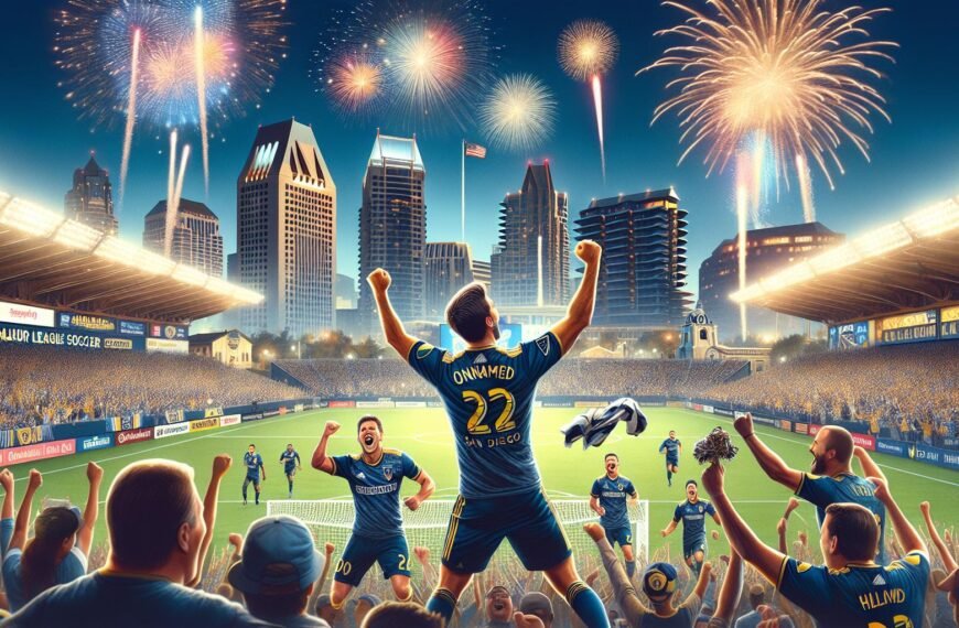 Onni Valakari juhlimassa maalia San Diego FC:n paidassa MLS-ottelussa, taustalla juhlivat joukkuekaverit ja innostunut kotiyleisö.