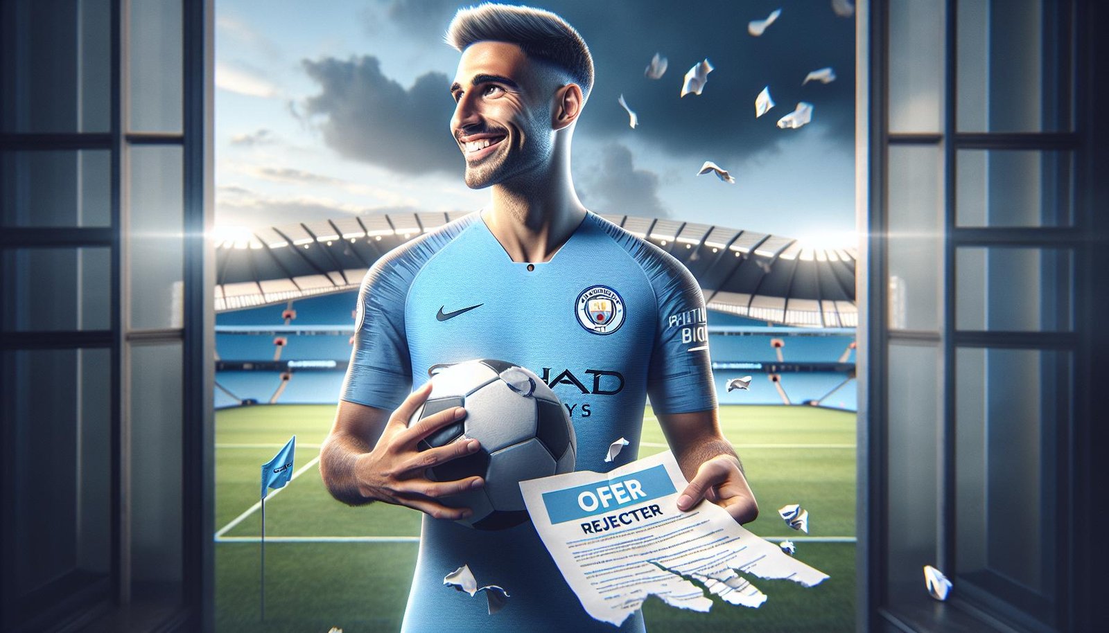 Savinho Manchester Cityn paidassa juhlimassa maalia, taustalla Etihad Stadiumin yleisö.