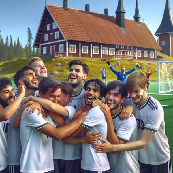 Suomen U16-jalkapallomaajoukkue juhlii turnausvoittoa Eerikkilässä pelatun neljän maan kilpailun päätteeksi