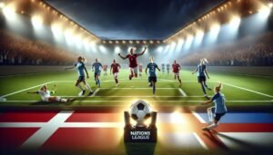 Helmarit taistelussa Tanskaa vastaan Nations Leaguen nousukarsinnoissa Parkenilla Kööpenhaminassa