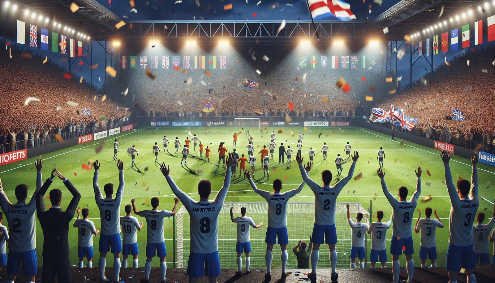 VJS ja TPV juhlivat nousuaan Ykköseen voitokkaiden nousukarsintafinaalien jälkeen. Pelaajat ja valmentajat iloitsevat kentällä onnistuneen kauden huipennuksesta.