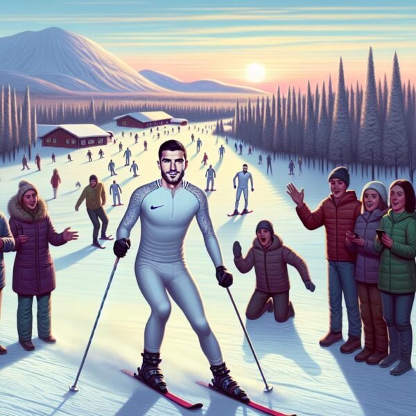 Cristiano Ronaldo vetää pulkkaa hiihtoladulla Levillä lumikinosten keskellä, taustalla Lapin talvimaisema