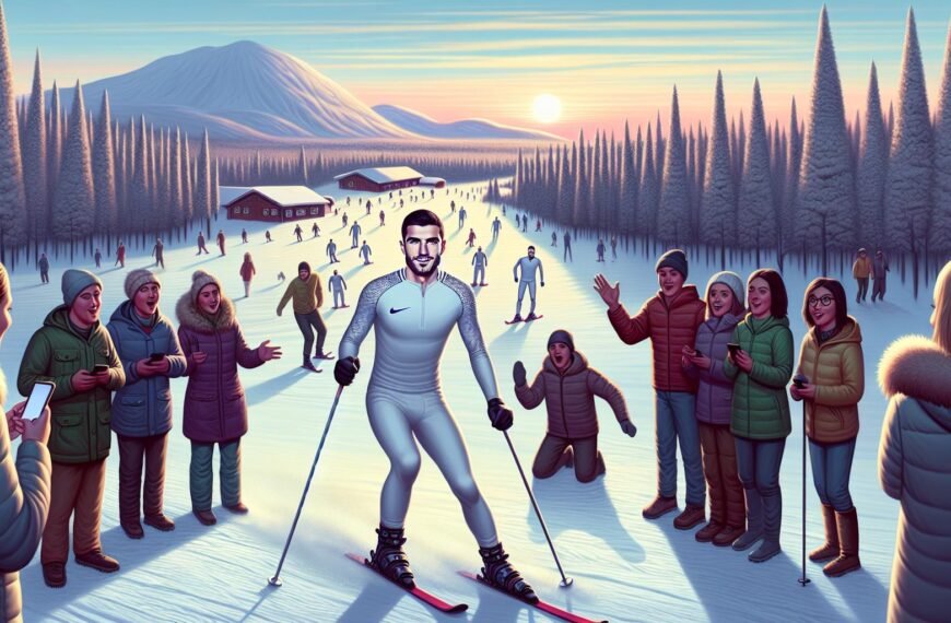 Cristiano Ronaldo vetää pulkkaa hiihtoladulla Levillä lumikinosten keskellä, taustalla Lapin talvimaisema