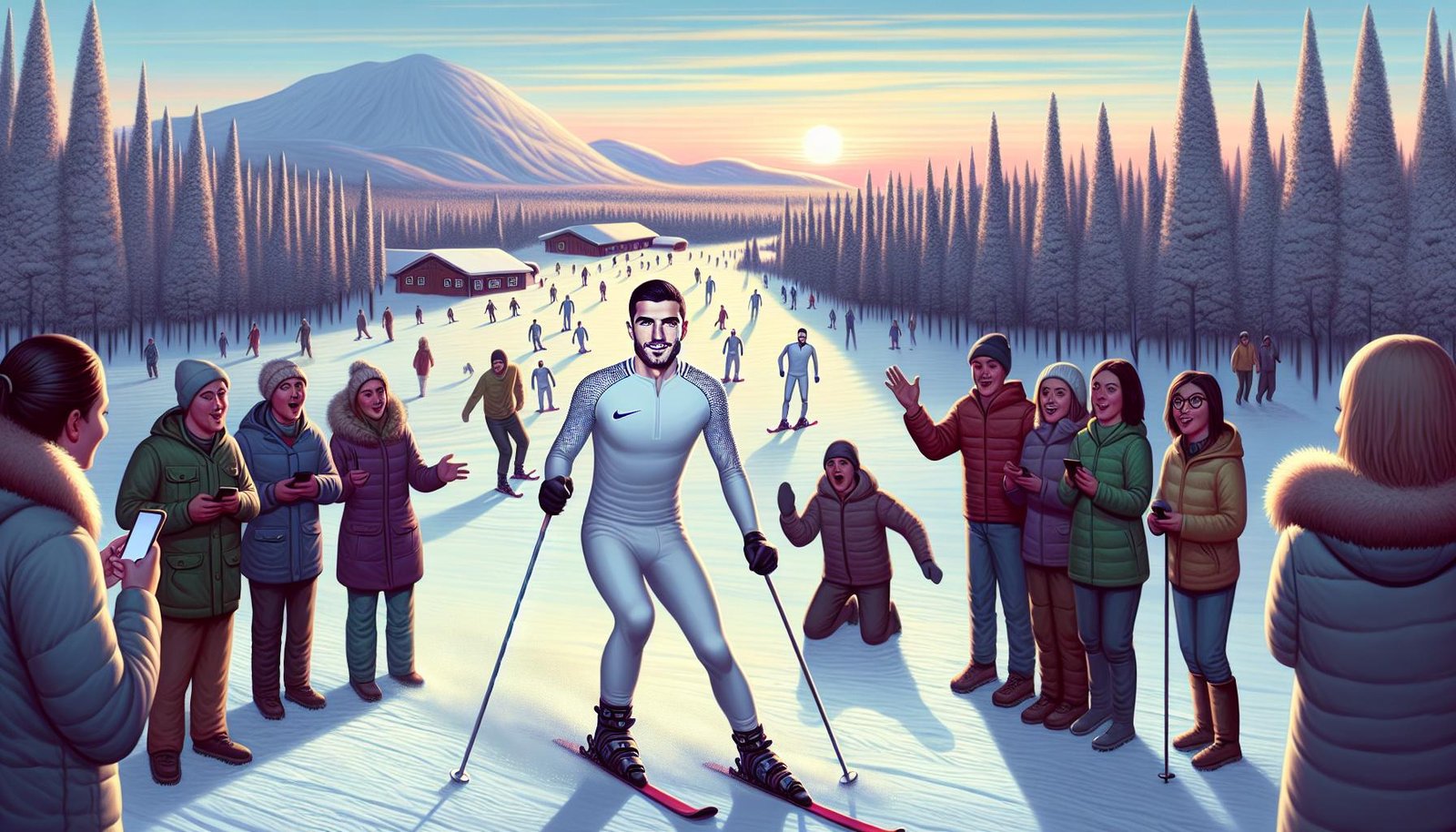 Cristiano Ronaldo vetää pulkkaa hiihtoladulla Levillä lumikinosten keskellä, taustalla Lapin talvimaisema