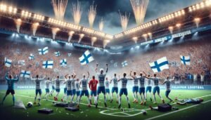KuPSin pelaajat juhlivat historiallista jatkopaikkaa Konferenssiliigassa Crystal Palacen kotistadionilla Selhurst Parkissa