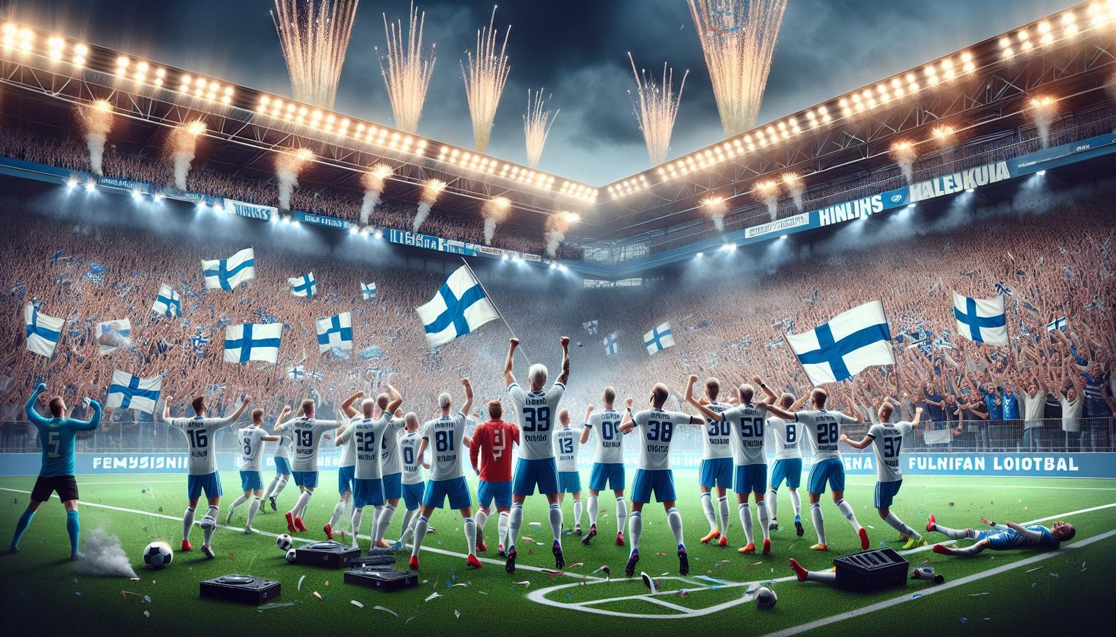 KuPSin pelaajat juhlivat historiallista jatkopaikkaa Konferenssiliigassa Crystal Palacen kotistadionilla Selhurst Parkissa