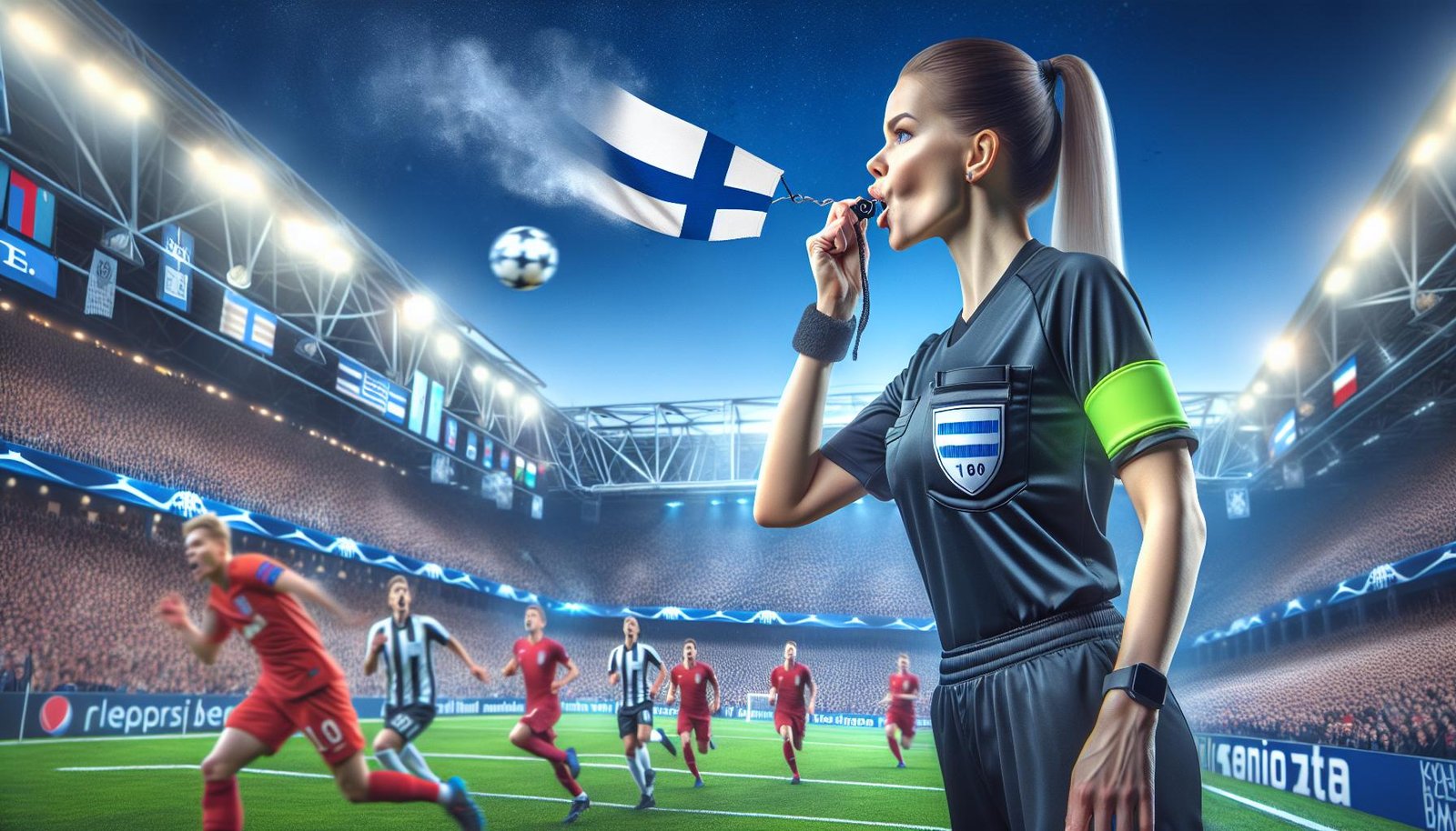 Erotuomari Lotta Vuorio kentällä naisten Mestarien liigan ottelussa Twenten ja Real Madridin välillä Hollannissa