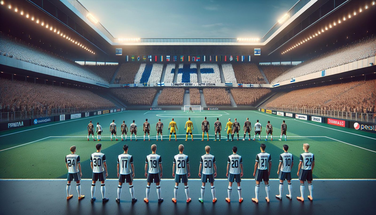 Suomen U19-naisten jalkapallomaajoukkueen pelaajat juhlivat kentällä avatessaan EM-karsintaottelun Turkki vastaan.