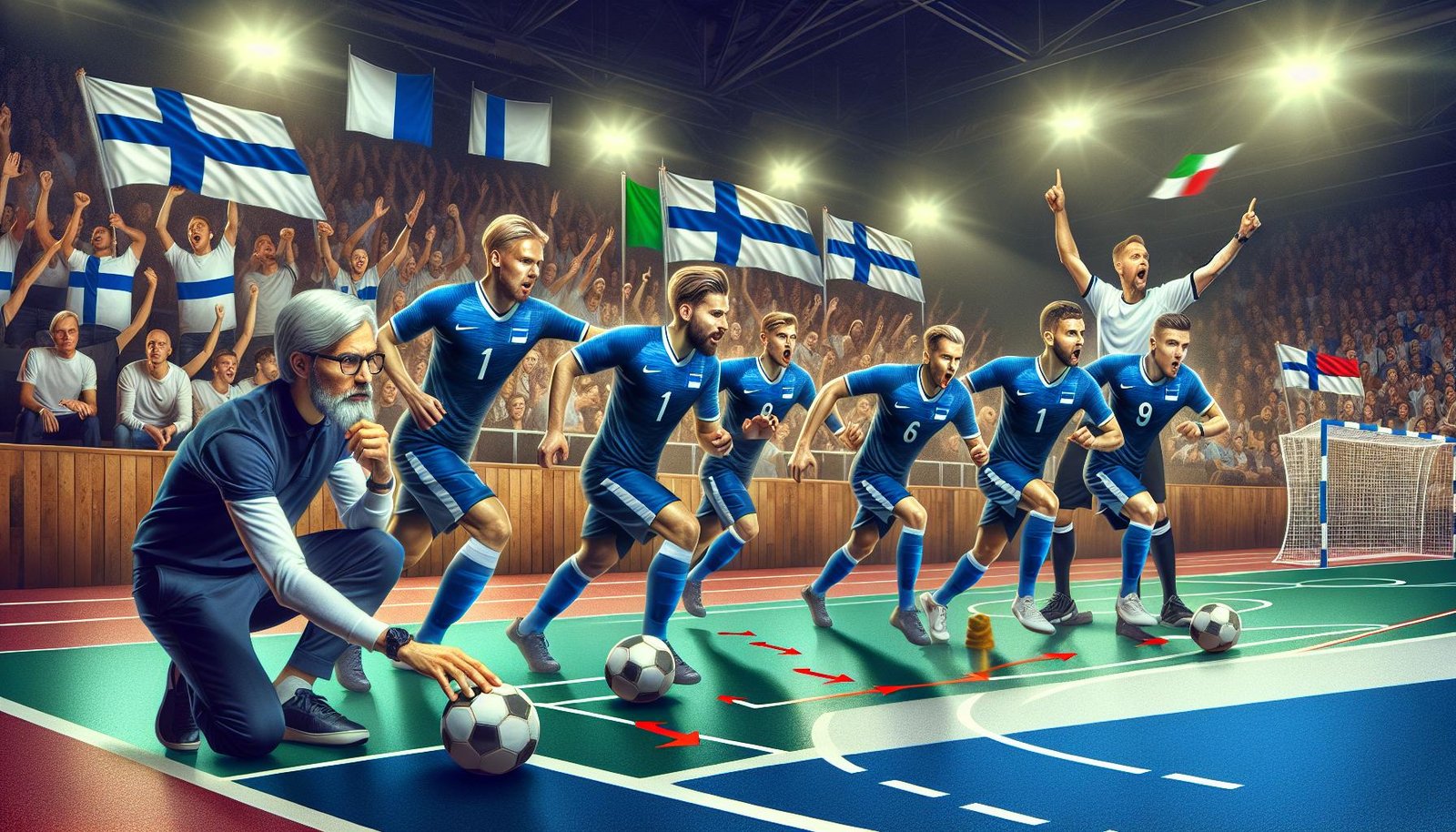 Suomen futsalmaajoukkue valmistautuu kentällä kohtaamaan Italian haasteen ystävyysottelussa – uusi aika alkamassa uusien pelaajien johdolla.