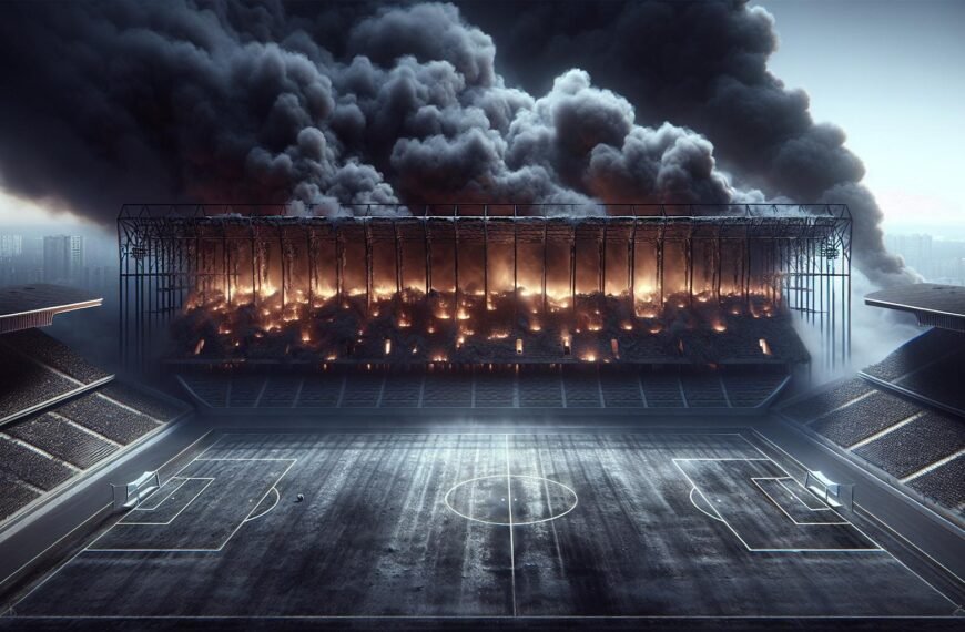 Tehtaan kentän päätykatsomon tulipalon jäljet ja Haka-yhteisön suru Valkeakoskella