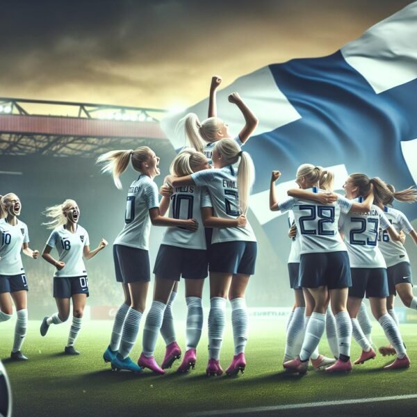 Suomen U19-tyttöjen jalkapallomaajoukkue juhlii voittoa Turkkia vastaan EM-jatkokarsintoihin pääsyn kunniaksi