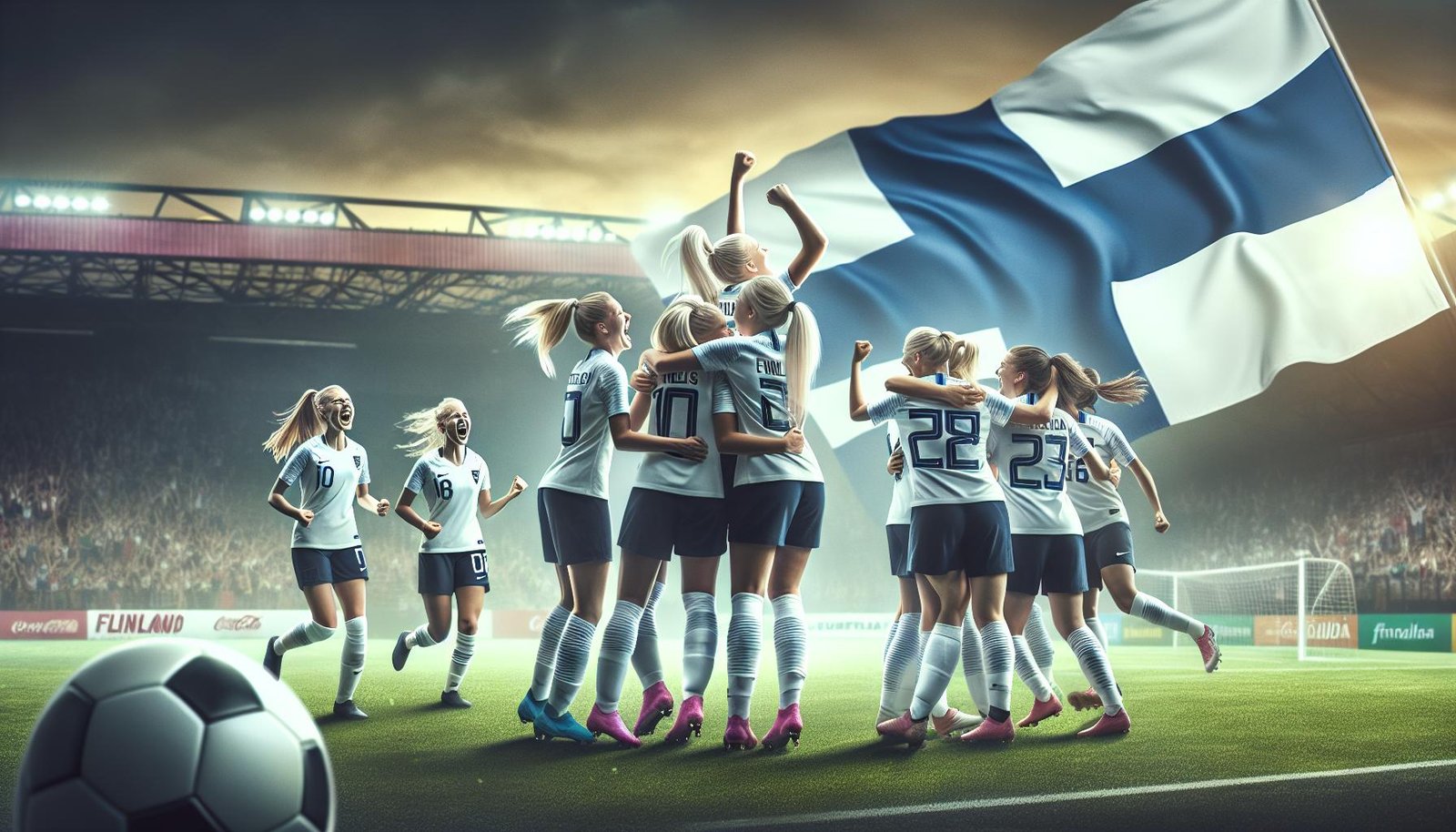 Suomen U19-tyttöjen jalkapallomaajoukkue juhlii voittoa Turkkia vastaan EM-jatkokarsintoihin pääsyn kunniaksi