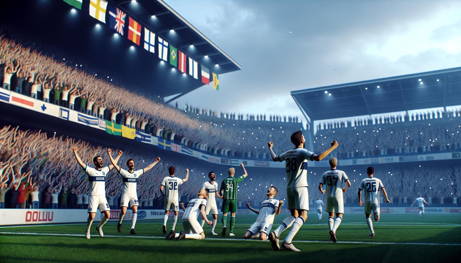 AC Oulun pelaajat juhlivat maalia Liigacupin ottelussa VPS:ää vastaan voitokkaassa 1-4 vieraspelissä Vaasassa vuonna 2026