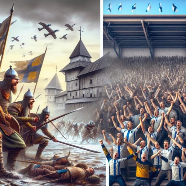 Suomalaiset jalkapallofanien joukko huutamassa 'Hakkaa päälle' katsomossa, kuvaten historiallista yhteishenkeä ja isänmaallisuutta nykypäivän urheilukulttuurissa.