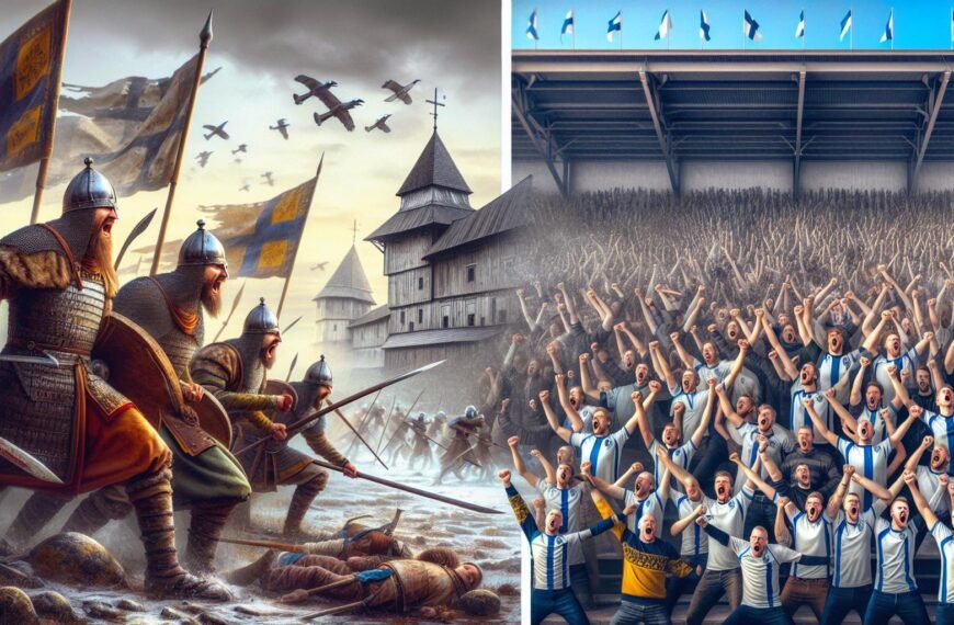 Suomalaiset jalkapallofanien joukko huutamassa 'Hakkaa päälle' katsomossa, kuvaten historiallista yhteishenkeä ja isänmaallisuutta nykypäivän urheilukulttuurissa.