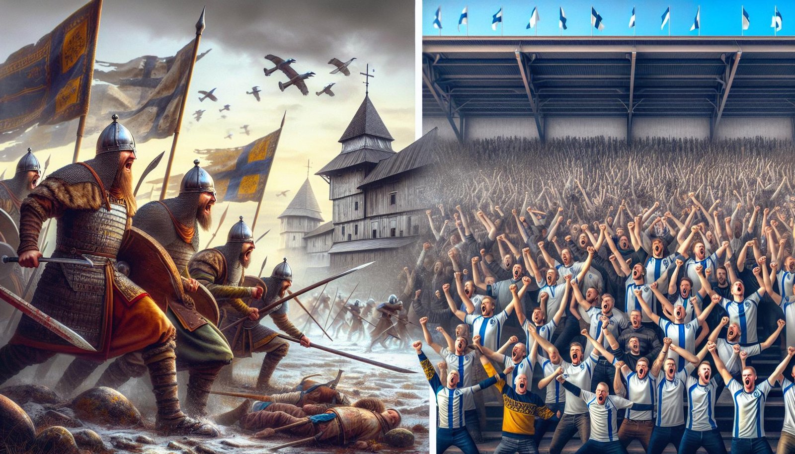 Suomalaiset jalkapallofanien joukko huutamassa 'Hakkaa päälle' katsomossa, kuvaten historiallista yhteishenkeä ja isänmaallisuutta nykypäivän urheilukulttuurissa.