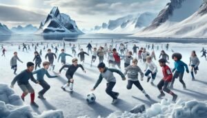 Lapset pelaavat futsalia lumisessa kentässä Nuorgamissa osana FutsalSkabaa − yhdessä tekemisen iloa ja liikunnan riemua arktisissa olosuhteissa.